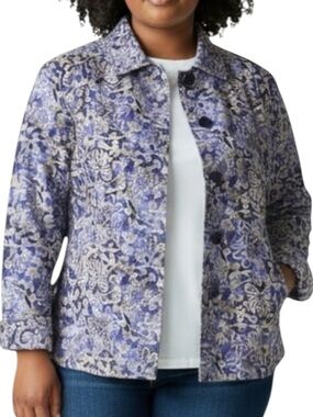COLDWATER CREEK Floral Linen Blend Jacket in Purple/Cream Size PETITE Large